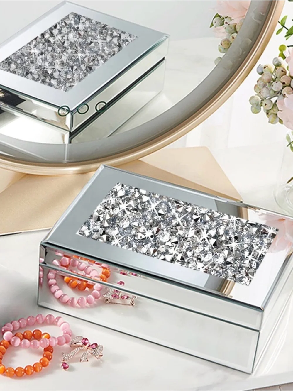 Mirrored Jewelry Box with Sparkling Crystal Top - Silver